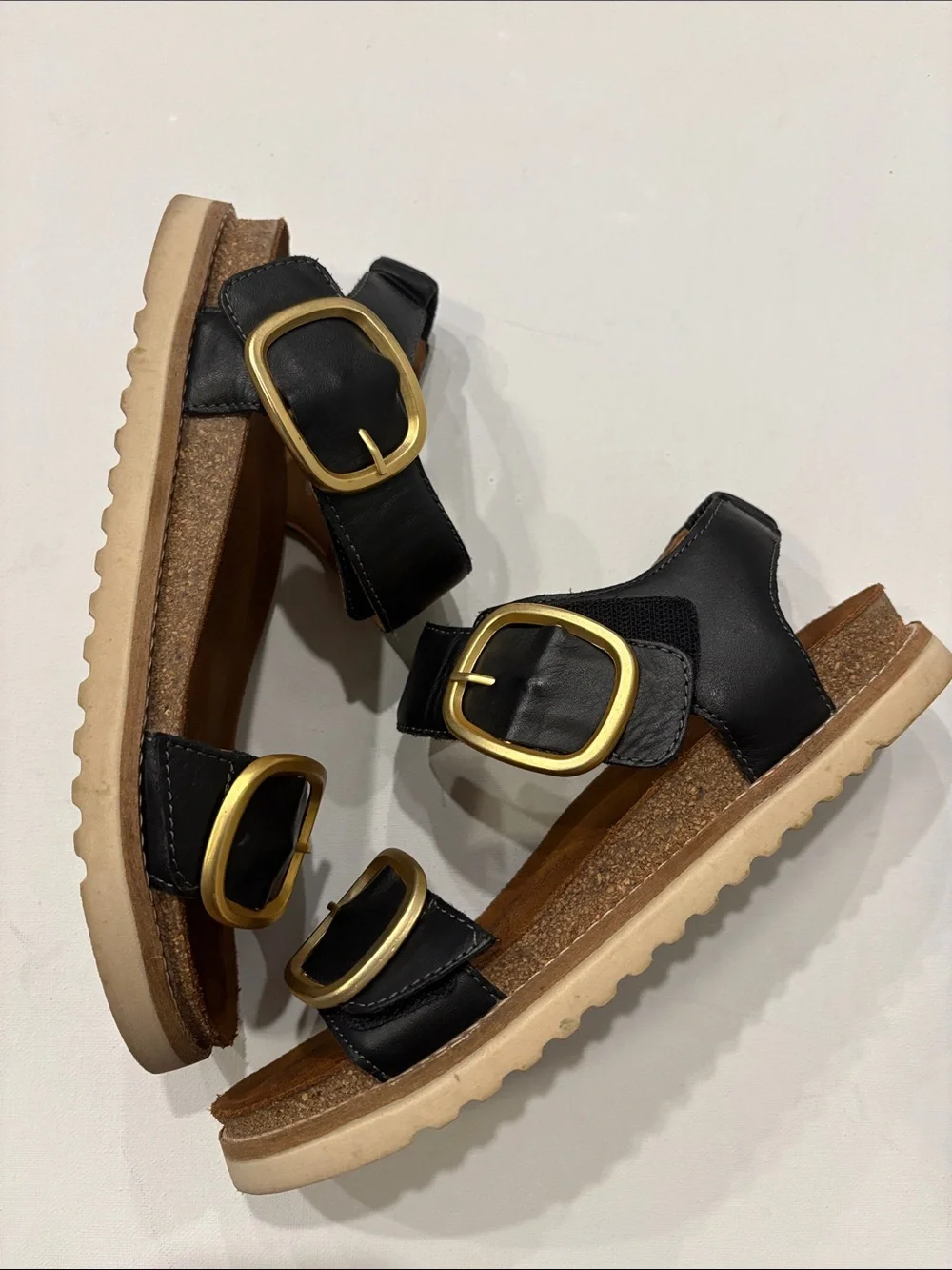 Taos On the Double Black Leather Sandals with Gold Buckles